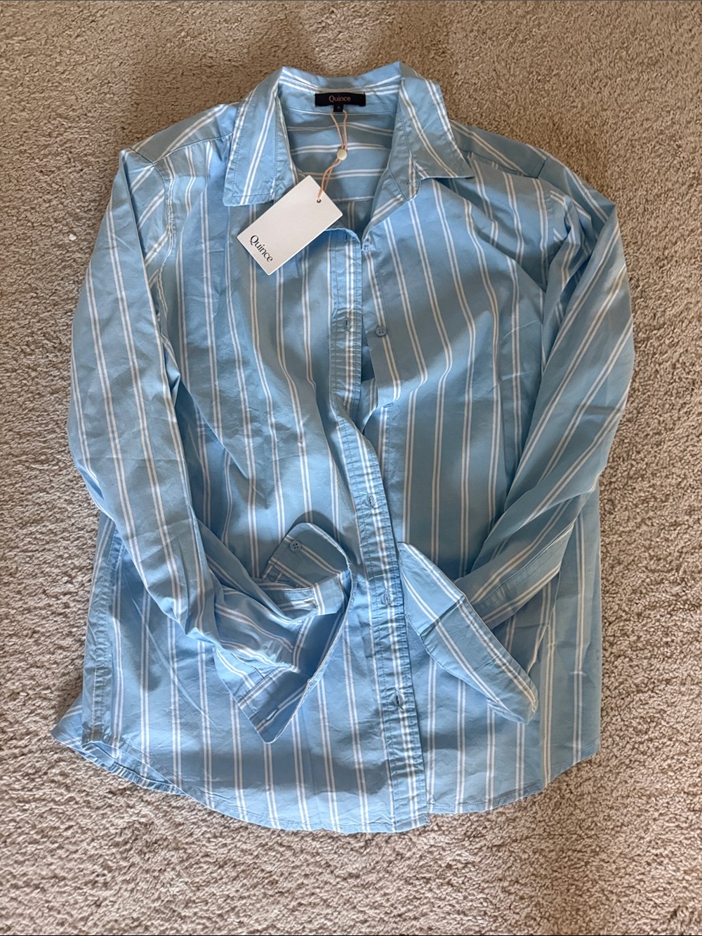 Quince Light Blue and White Striped Women's Button-Down Shirt